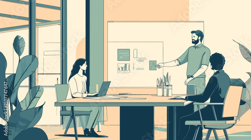 Office Teamwork: A vibrant illustration of a modern office environment, capturing a collaborative meeting. A team engages in a discussion around a table, while a colleague delivers a presentation.