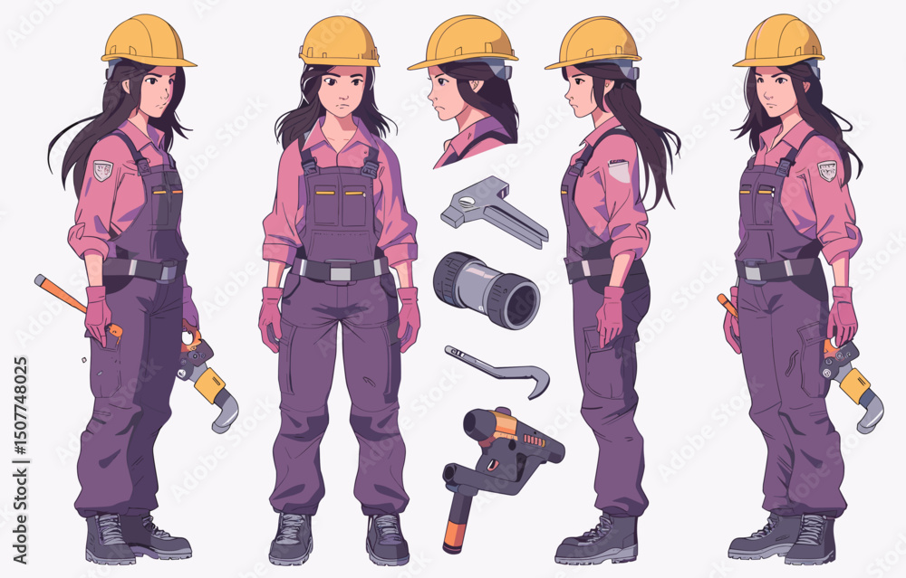 Naklejka premium Skilled Female Construction Worker with Tools and Gear Set
