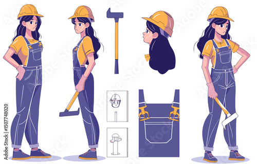Skilled Female Construction Worker with Tools and Gear Set