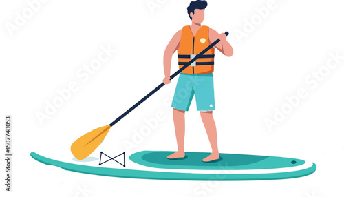 Man Paddleboarding on Blue Board Wearing Orange Life Vest Summer Activity Vector Illustration 