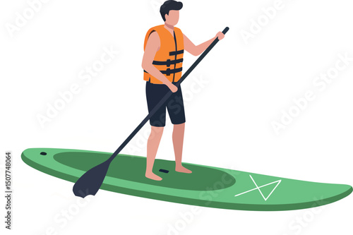 Man Paddleboarding on Green Board Wearing Orange Life Jacket Outdoor Water Activity 