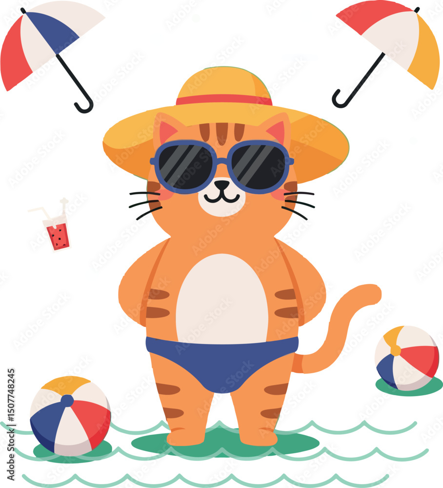 Naklejka premium Cat wearing sunglasses and sun hat on beach with umbrellas and beach balls vector illustration 