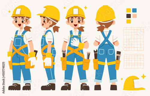 Skilled Female Construction Worker with Tools and Gear Set