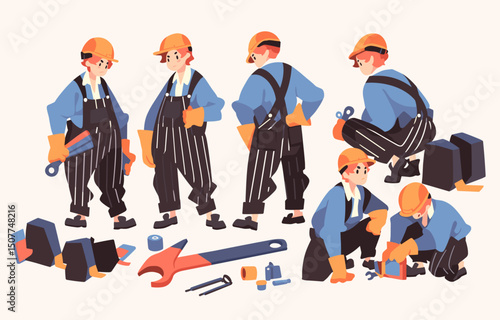 Skilled Female Construction Worker with Tools and Gear Set