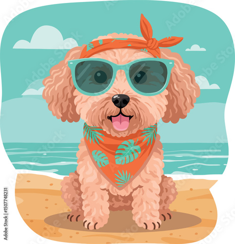 Cute small dog wearing sunglasses and tropical bandana on beach summer scene vector illustration 