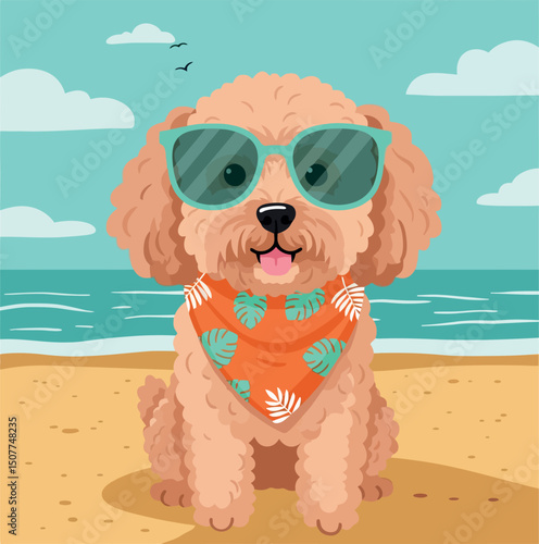 Cute dog with sunglasses and tropical scarf on beach summer vacation vector illustration 