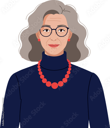 Elderly woman with gray hair wearing glasses and red jewelry in navy turtleneck vector illustration 