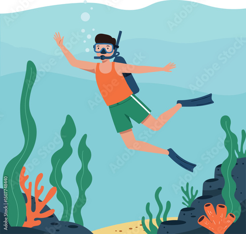 Scuba diver exploring underwater seaweed and coral reef vector illustration 
