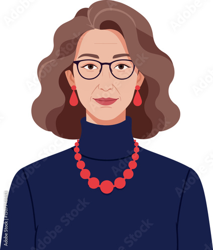 Mature woman with glasses and red jewelry wearing navy blue turtleneck vector illustration 
