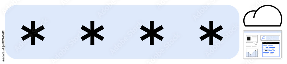 Obraz premium Four asterisks symbolize password protection, accompanied by a cloud and a dashboard interface showcasing analytics. Ideal for security, cloud storage, analytics, privacy, encryption, data