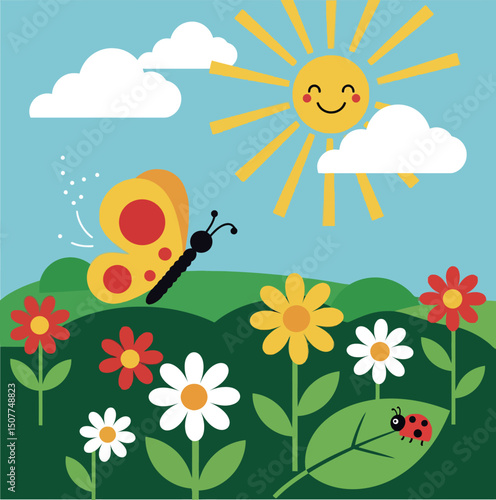 Butterfly and ladybug among colorful flowers under smiling sun in blue sky vector illustration 