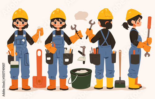 Skilled Female Construction Worker with Tools and Gear Set
