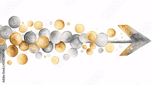 Gold and silver coins arranged in a decorative arrow design.