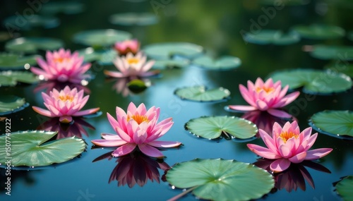 Water lilies bloom in a vibrant, repeating pattern on a serene lake's surface , design element, peace, pond