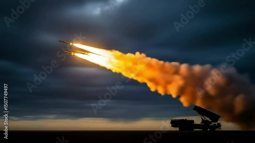 Missile Launch Nighttime Aerial View of Rocket Propulsion, Generative AI