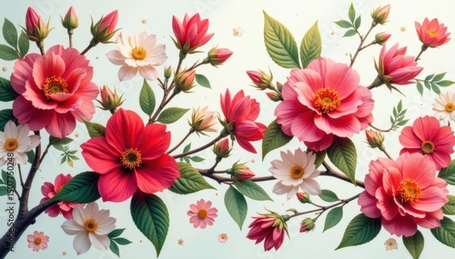 Continuous blooming floral motif, intertwined blossoms , decor, beautiful