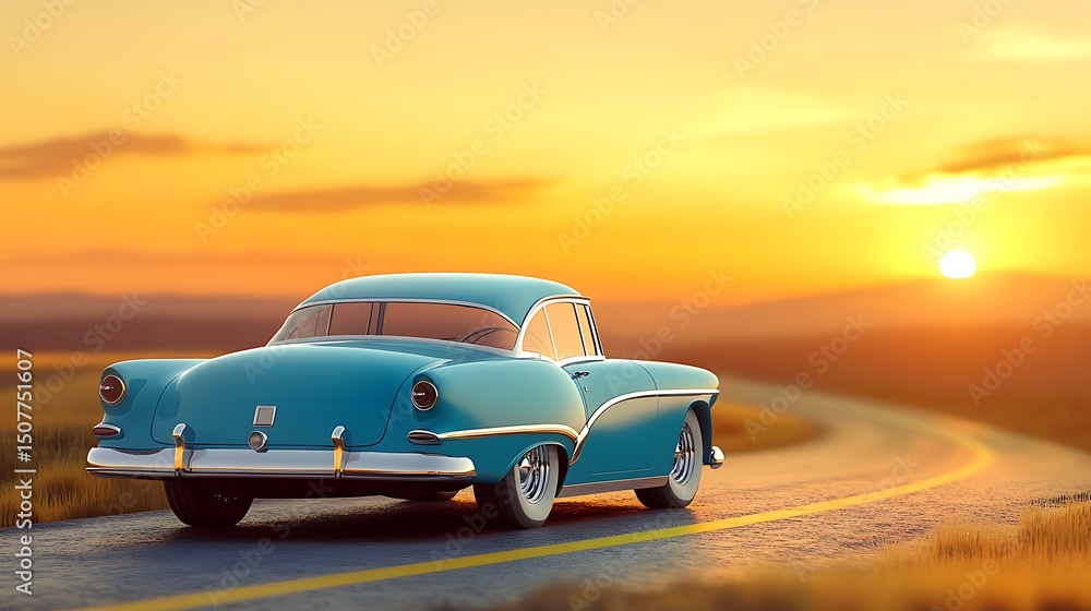 Fototapeta premium Retro car on a winding road at sunset.