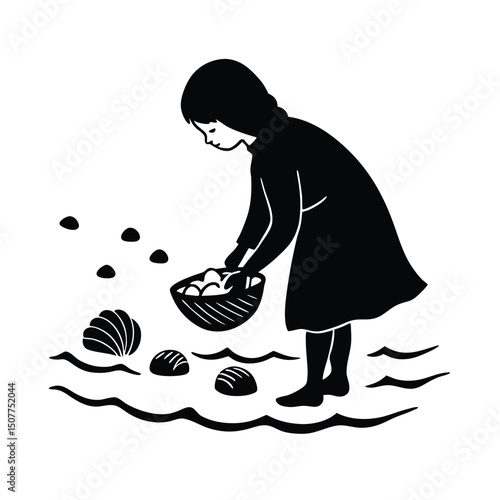 Girl collecting seashells by tide vector silhouette