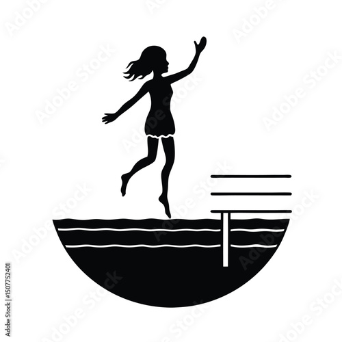 Girl jumping off dock into lake vector silhouette