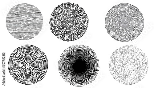 Abstract Line Pattern Circle Set � Hand Drawn Texture with Doodle Decorative Lines, Spirals, Scribbles, and Grunge Brush Round Elements. Vector Illustration.
