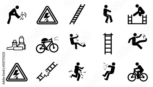 Accident Pictogram Man Icon Set � Ladder Fall, Injury, Bike Accident, Warning, Electric Shock Danger Stickman Vector Illustration