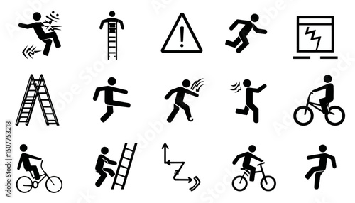 Accident Pictogram Man Icon Set � Ladder Fall, Injury, Bike Accident, Warning, Electric Shock Danger Stickman Vector Illustration