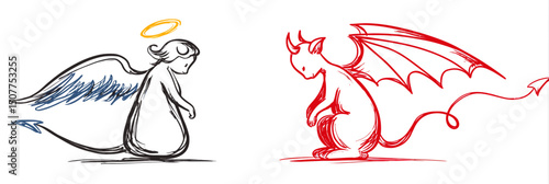 Angel and Devil Doodle Illustration � Hand Drawn Sketch of Winged Characters with Halo and Tail Vector