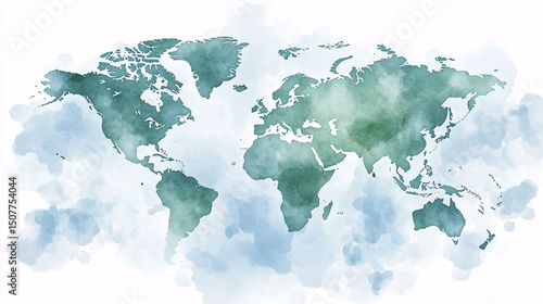 Delicate world map with watercolor-style shading.