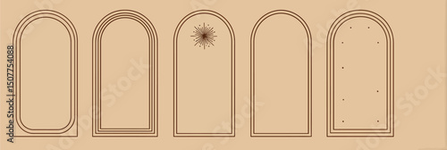 Minimal Boho Mystic Arch Frame Set with Line Style Oval Shapes, Stars, and Geometric Elements for Badge and Logo Design Vector Illustration