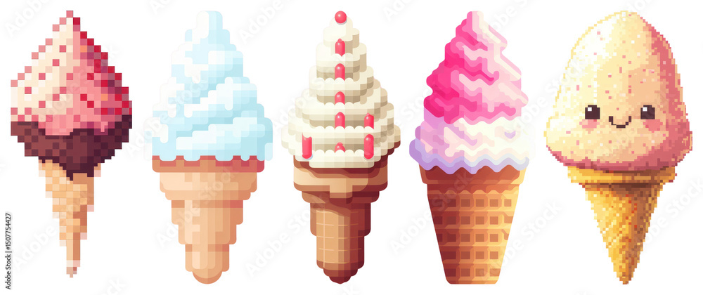 PNG Pixelated colorful ice cream cones, element set on transparent background PNG Pixelated colorful ice cream cones, element set on transparent background