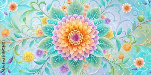 A vibrant and whimsical floral arrangement featuring a large central bloom surrounded by smaller blossoms and ornate, swirling foliage, creating a visually captivating and ornate design.