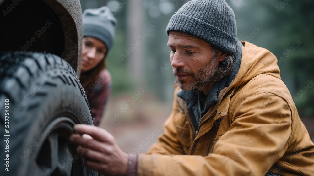 Emergency tire change in remote forest - single person vehicle repair in wilderness Emergency tire change in remote forest - single person vehicle repair in wilderness