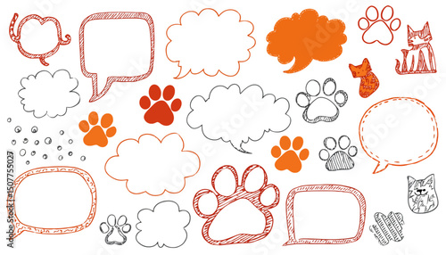 Cute Pet Speech Bubble Frame Set � Hand Drawn Cat & Dog Doodle Elements with Paw Prints � Playful Animal Talk Bubbles and Badges Vector Illustration