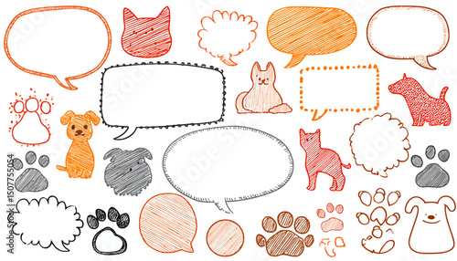 Cute Pet Speech Bubble Frames � Hand Drawn Cat & Dog Doodle Set with Paw Prints, Playful Talk Bubbles � Animal Badges Vector Illustration for Pet Lovers