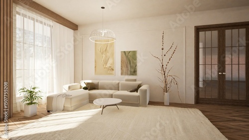 Canvas Print 3D render of a cozy living room with a modern beige sectional sofa, round coffee table, and abstract wall art