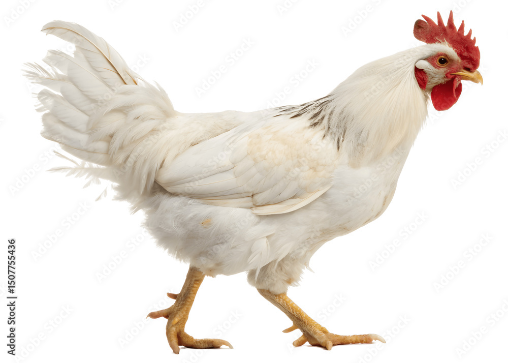Fototapeta premium White chicken walking isolated on transparent background, farm animal poultry