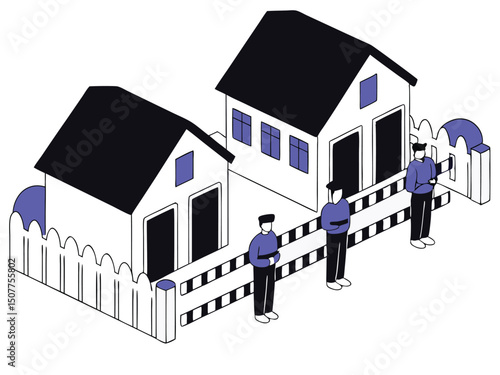 Isometric Houses Fence Men Graphic Design