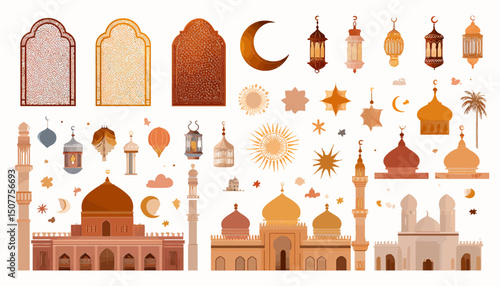 Ramadan Kareem and Eid Mubarak Oriental Style Icons and Symbols Vector Collection with Islamic Windows, Mosques, Lanterns, Stars, and Crescent