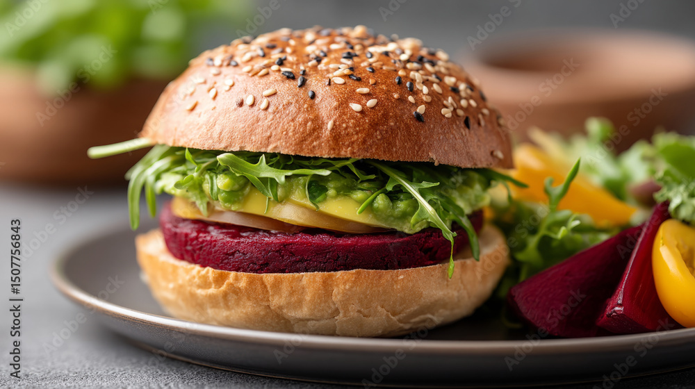 Plant based burger with vibrant toppings highlighting healthy food trends Plant based burger with vibrant toppings highlighting healthy food trends