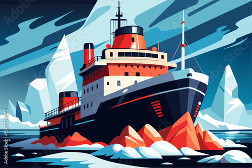 A robust icebreaker ship, with a prominent red and black hull, navigates through a dramatic icy landscape with towering icebergs under a cloudy sky.