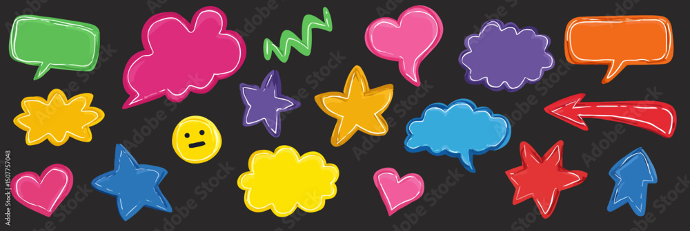 Cute Comic Speech Bubble and Cartoon Effect Icon Set with Emoji, Star Spark, Heart, Arrow, and Line Movement Vector Illustration Cute Comic Speech Bubble and Cartoon Effect Icon Set with Emoji, Star Spark, Heart, Arrow, and Line Movement Vector Illustration