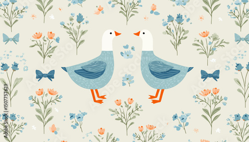 Cute Floral Seamless Pattern with Bows Flowers and Goose Preppy Spring Summer Print Cozy Cottagecore Aesthetic Vintage Damask Fabric Design Vector Illustration eps