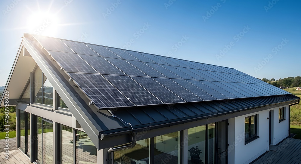 Fototapeta premium Solar Panels Gleaming Atop Modern Home on a Bright Sunny Day, Symbolizing Clean Energy and Sustainable Living with Efficient Photovoltaic Technology in Residential Setting