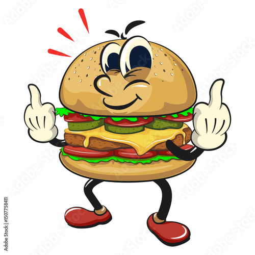 cute burger retro vektor illustration mascot character raising two middle finger, work of hand drawn