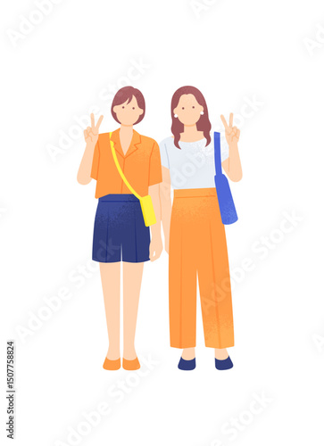 夏イメージのカジュアルな装い ピースサインをする若い女の子二人のベクターイラスト