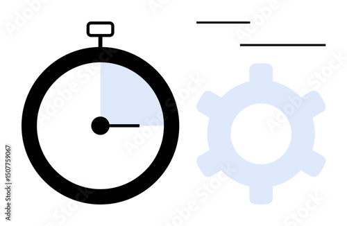 Stopwatch with highlighted section complements a gear symbol, emphasizing speed, productivity, and workflow optimization. Ideal for time, planning, efficiency, process, productivity business