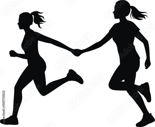 Silhouette of two women running and holding hands