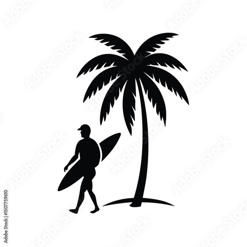 Surfer walking past palm tree vector silhouette