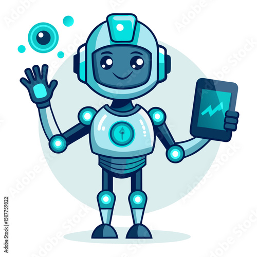 A friendly, smiling blue robot character holding a tablet displaying a heart rate or data graph, with a floating eyeball icon, symbolizing AI monitoring, health tech, or smart data solutions.