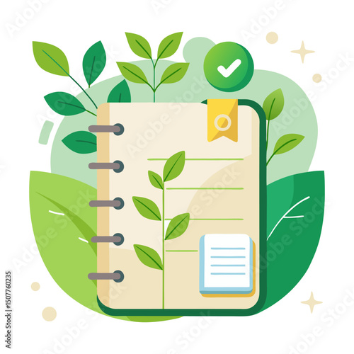 A notepad or journal with green leaves and a growing plant illustration, accompanied by a checkmark and other icons, symbolizing sustainable planning, eco-friendly notes, or environmental compliance.